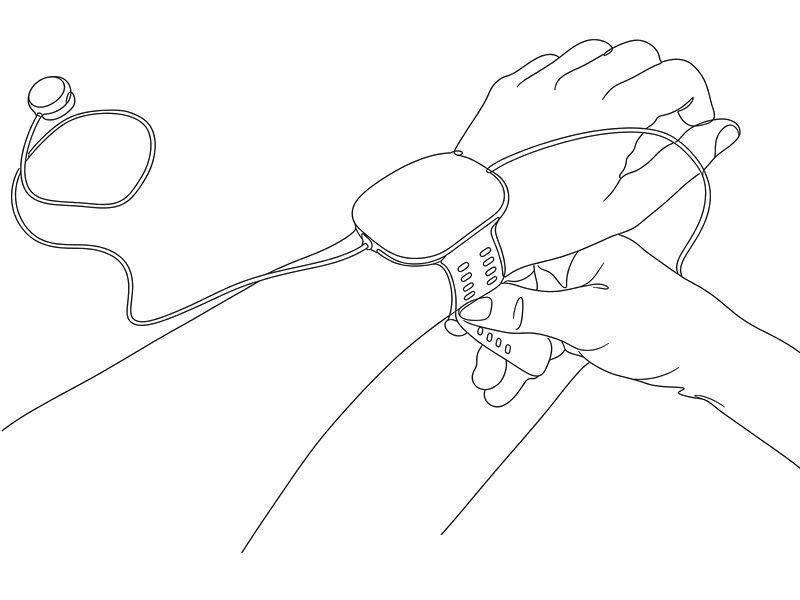 Lijntekening: twee handen maken de polsunit vast om een pols, met de kabel eraan.