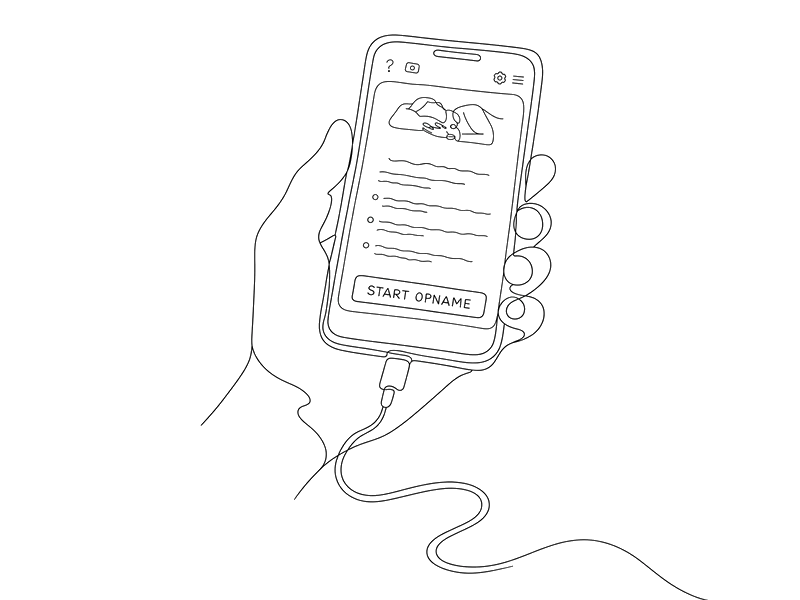Lijntekening: een hand houdt een telefoon vast met de knop 'Start opname' onder de instructies; de kabel van de sensor loopt eronderdoor.