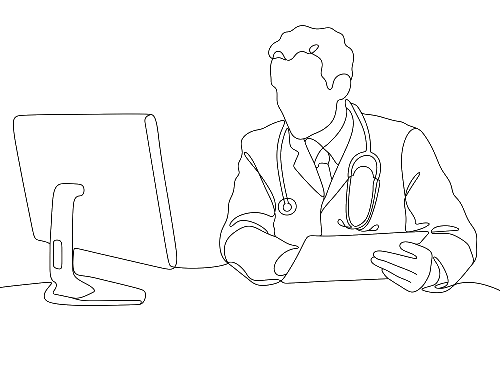 Lijntekening: een slaaparts zit aan een beeldscherm en leest de meting van een tablet.