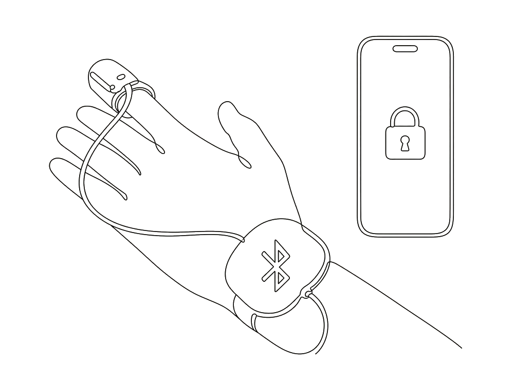 Lijntekening: de gedragen polsunit met een bluetooth-teken, en ernaast een telefoon met een gesloten slot op het scherm.