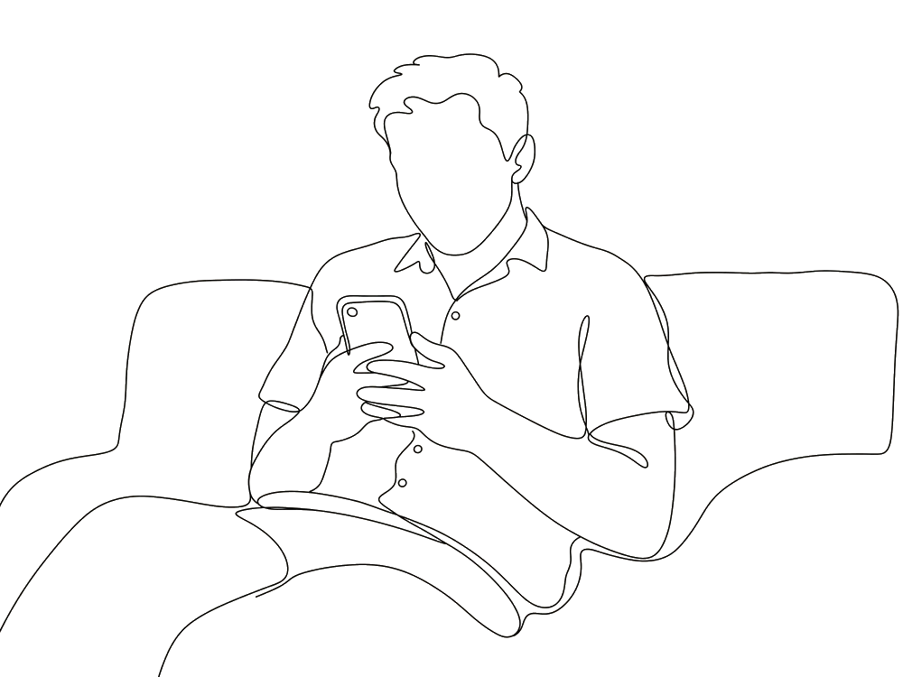 Lijntekening: iemand zit op de bank en beantwoordt met beide handen vragen op een telefoon.