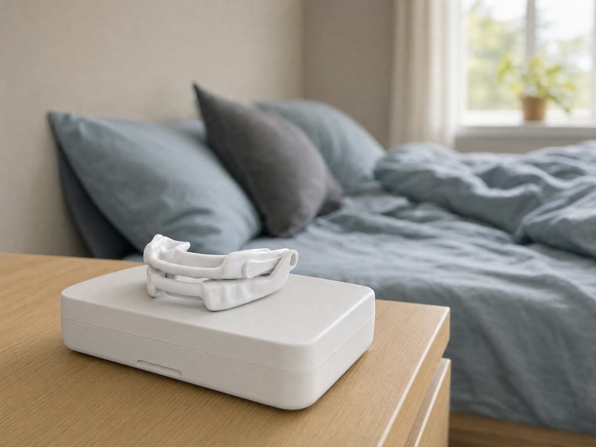 Een mondbeugel op maat op zijn bewaardoosje, op een nachtkastje naast het bed.